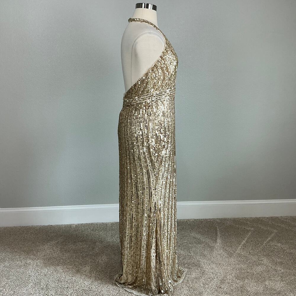 Mac Duggal 5759 Gold Evening Gown Sequined Backless Halter Column Dress Size 16 - Picture 5 of 13